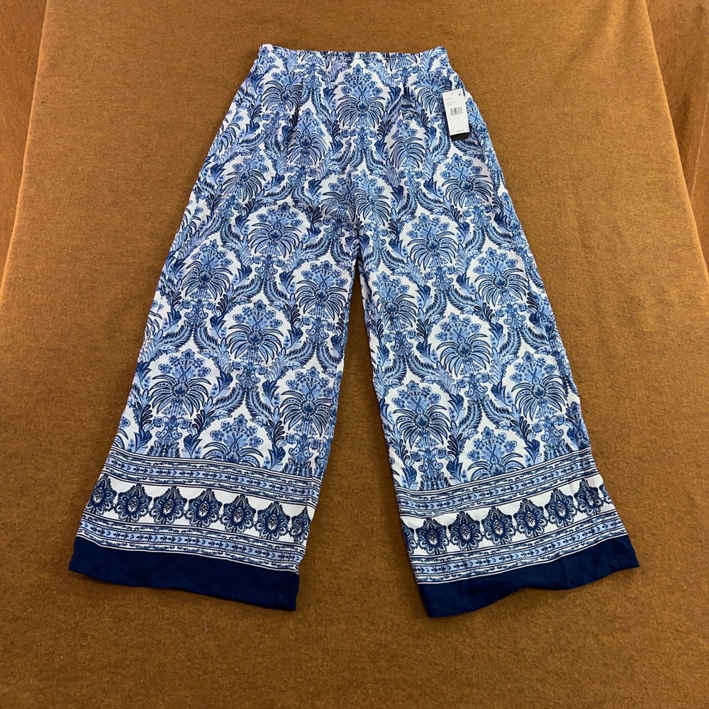 BCX Womens Large Blue White Paisley Damask Wide Leg Palazzo Pants NWT